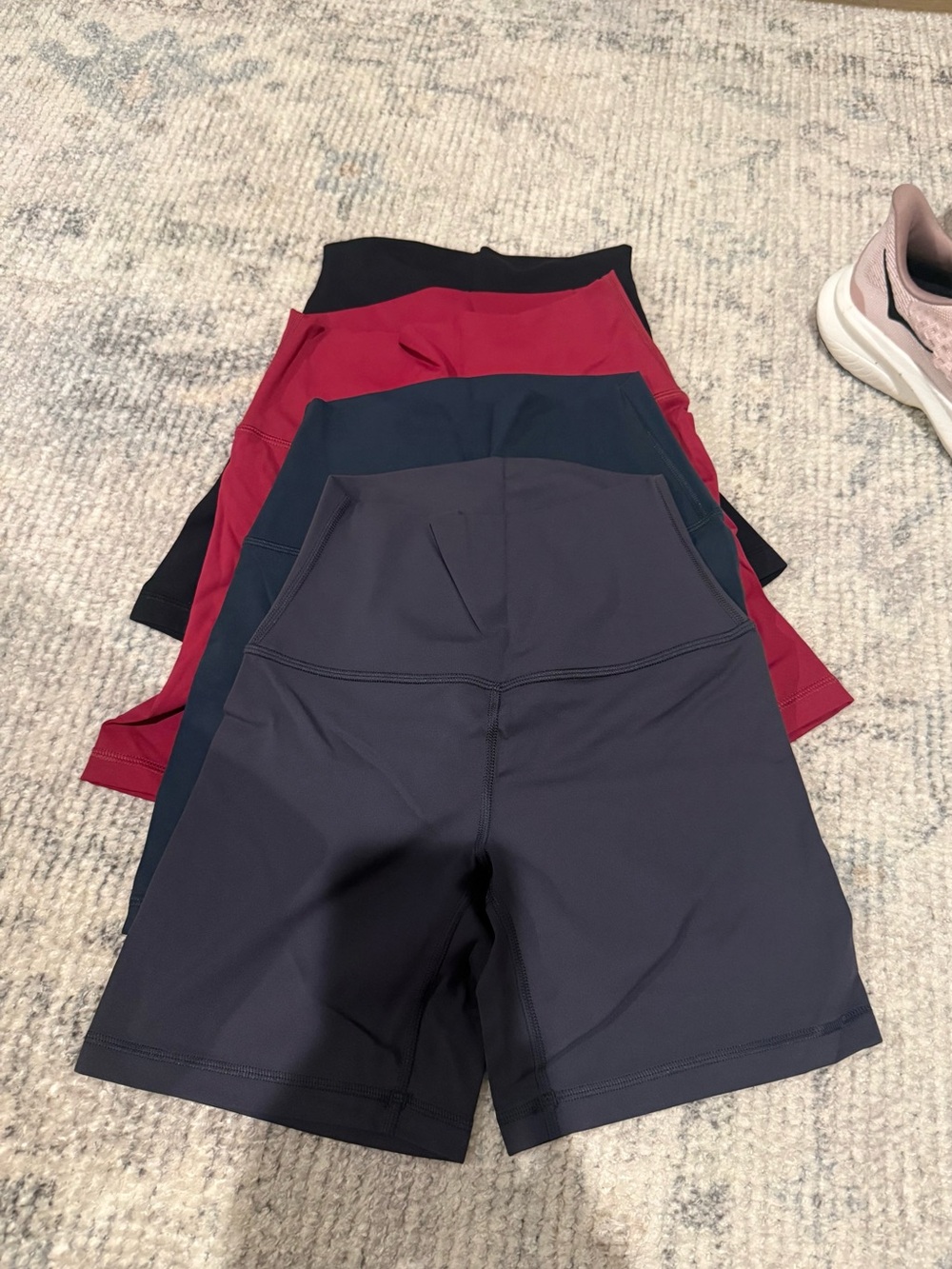 CRZ YOGA Women’s High-Rise Bike Shorts — Black, Navy & gray Red - 4 PACK!!